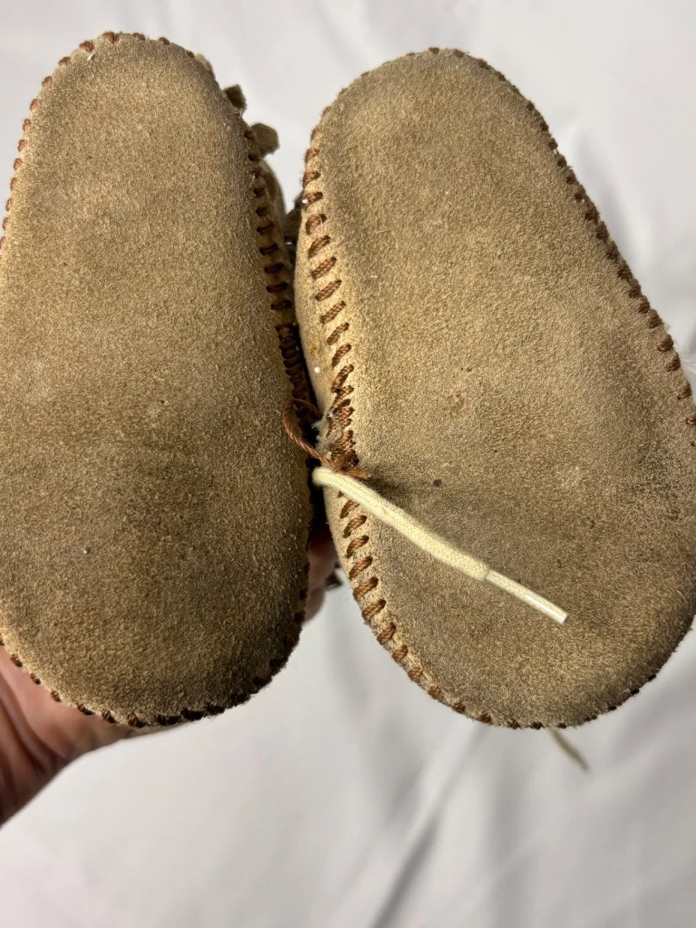 Vintage Suede Leather Fringed Baby Moccasins Shoes Missing one Lace
